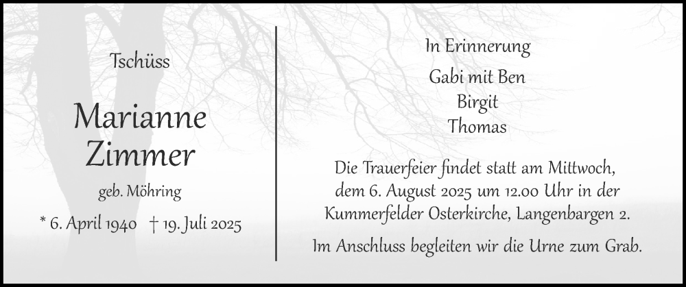  Traueranzeige für Marianne Zimmer vom 26.07.2025 aus Region Pinneberg und tip Pinneberg