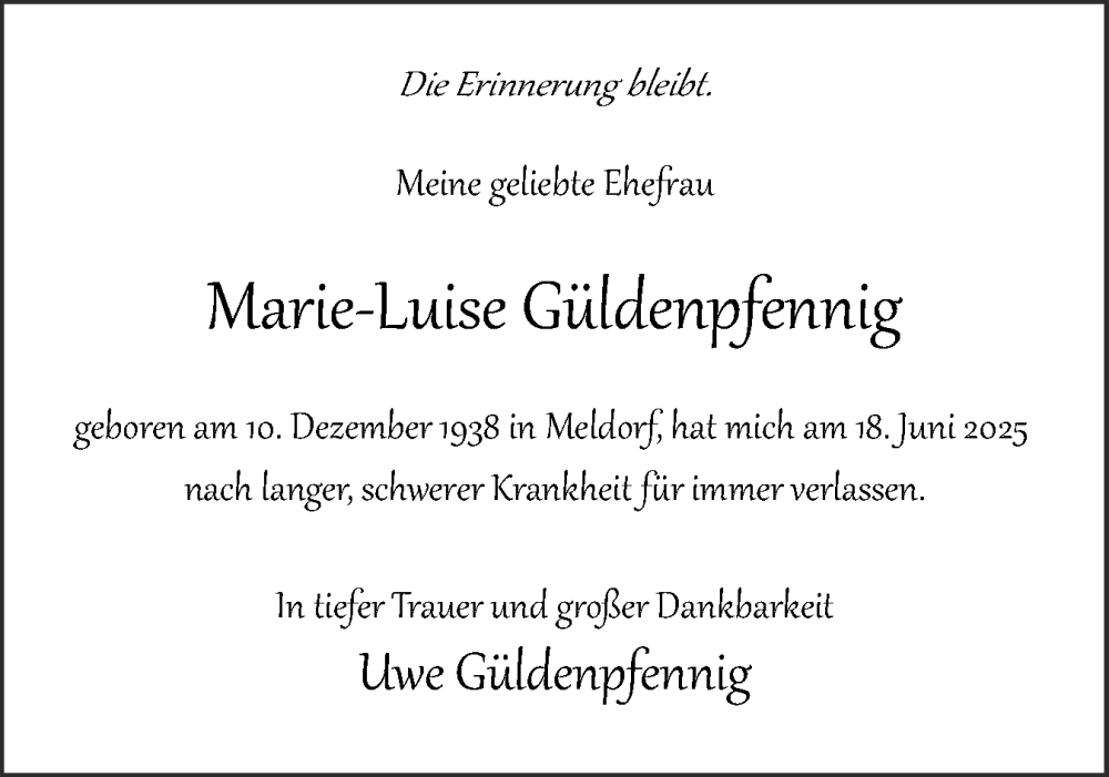  Traueranzeige für Marie-Luise Güldenpfennig vom 12.07.2025 aus Uetersener Nachrichten, Der tip am Wochenende