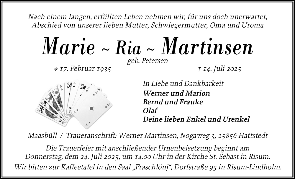  Traueranzeige für Marie Martinsen vom 19.07.2025 aus Husumer Nachrichten, Nordfriesland Tageblatt