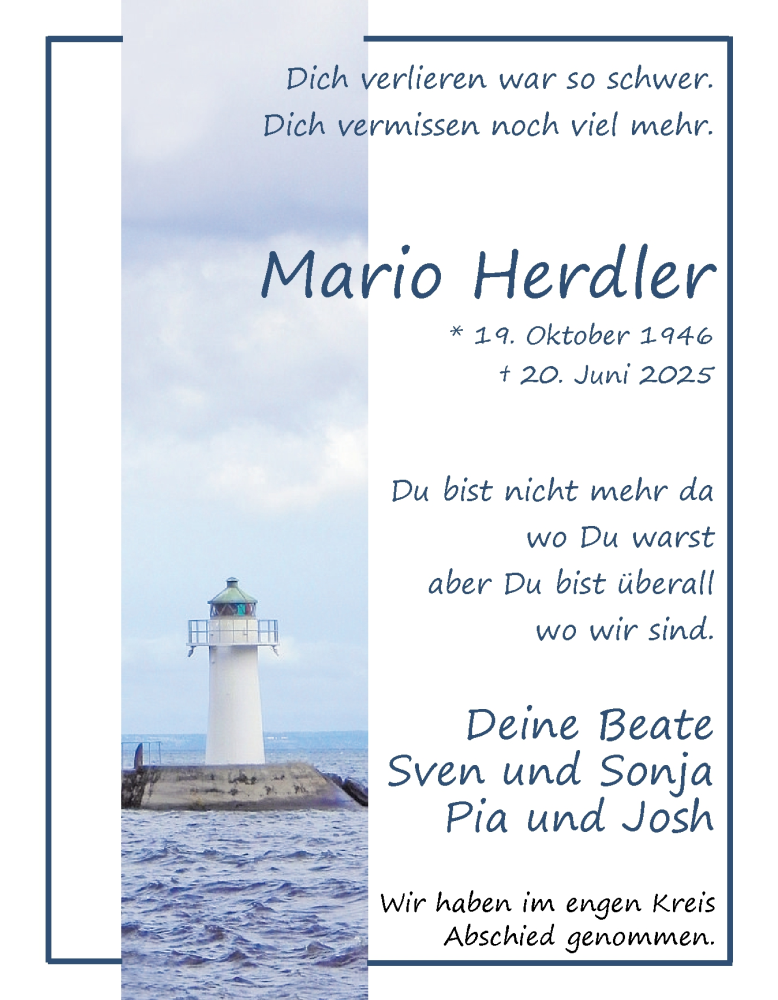  Traueranzeige für Mario Herdler vom 12.07.2025 aus Uetersener Nachrichten, Der tip am Wochenende