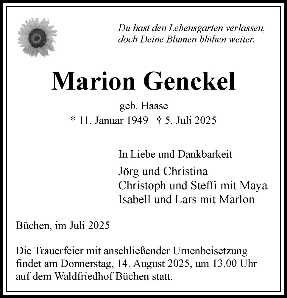  Traueranzeige für Marion Genckel vom 19.07.2025 aus Wochenend Anzeiger
