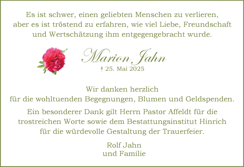  Traueranzeige für Marion Jahn vom 12.07.2025 aus Uetersener Nachrichten, Der tip am Wochenende