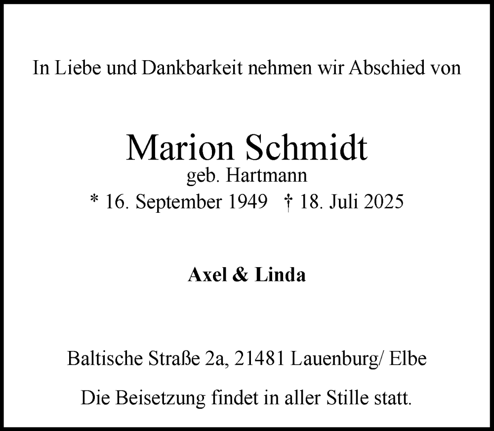  Traueranzeige für Marion Schmidt vom 26.07.2025 aus Wochenend Anzeiger