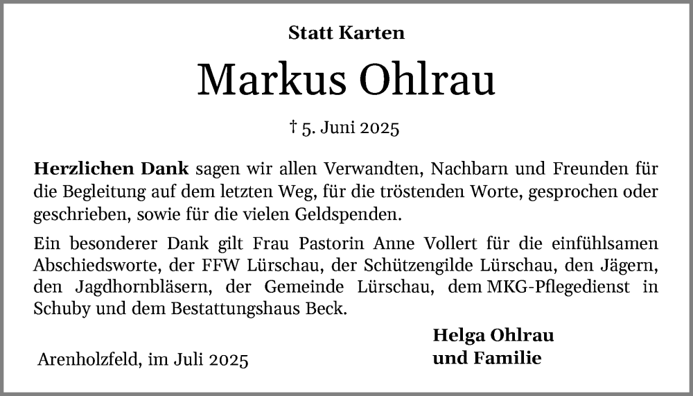  Traueranzeige für Markus Ohlrau vom 05.07.2025 aus Schleswiger Nachrichten, Schlei-Bote