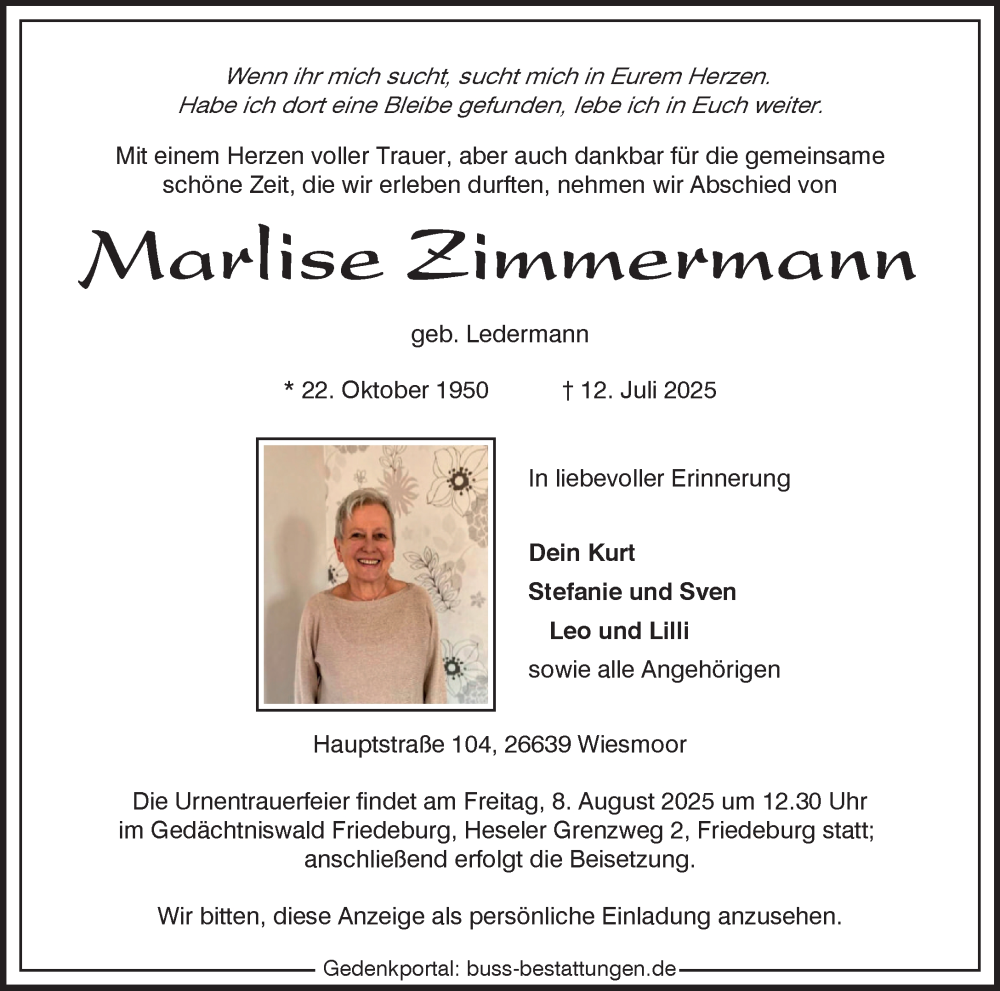  Traueranzeige für Marlise Zimmermann vom 19.07.2025 aus Heimatspiegel