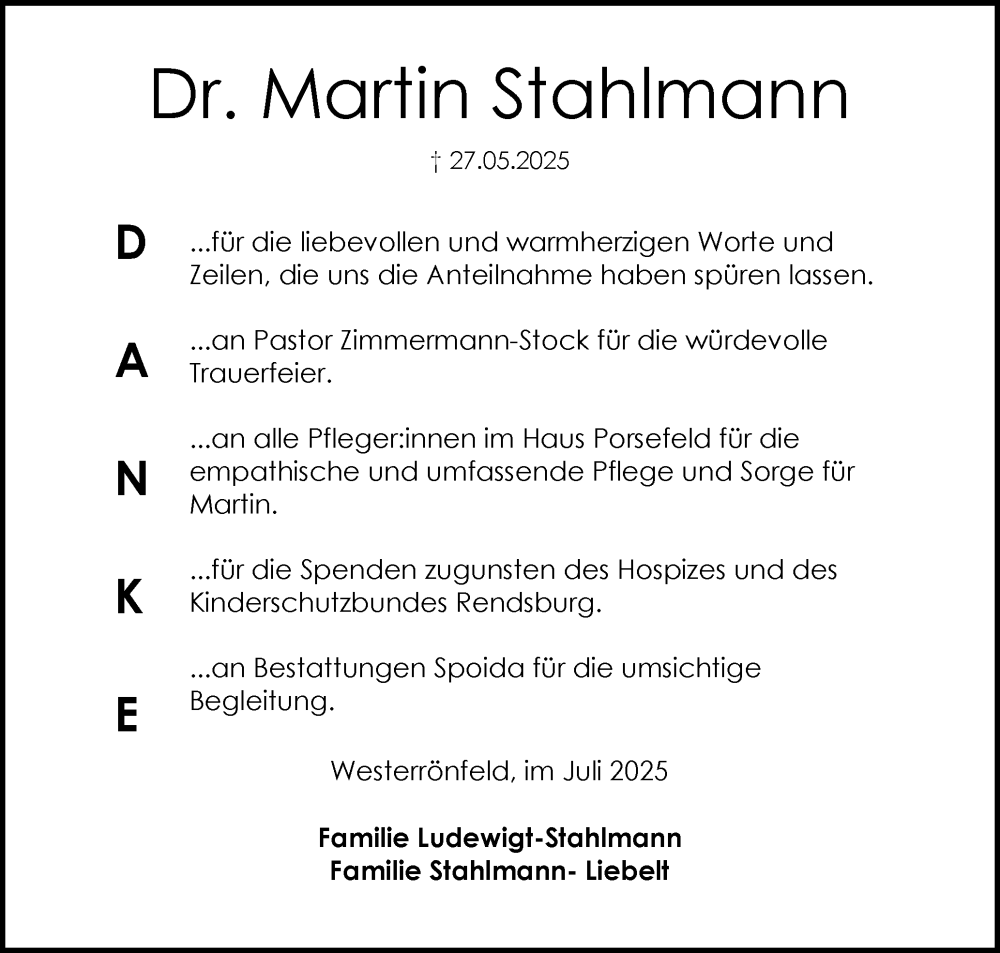  Traueranzeige für Martin Stahlmann vom 19.07.2025 aus Schleswig-Holsteinische Landeszeitung