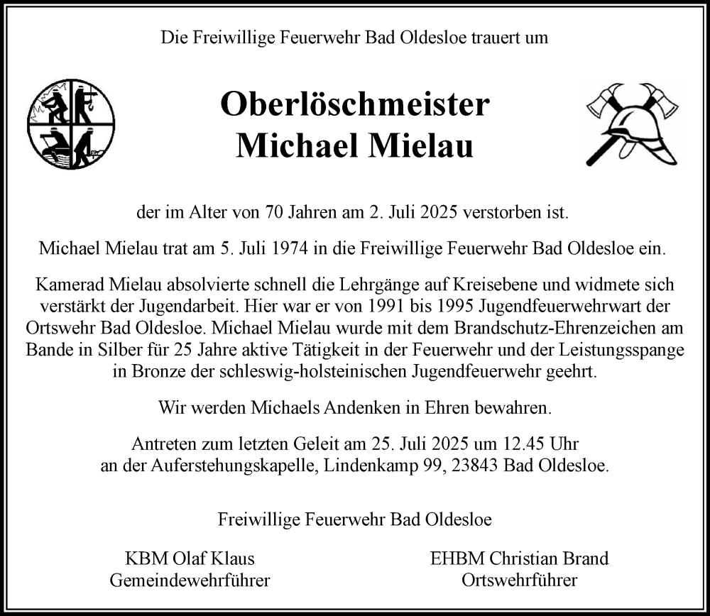  Traueranzeige für Michael Jürgen Mielau vom 19.07.2025 aus MARKT Bad Oldesloe/Reinfeld und Stormarner Tageblatt
