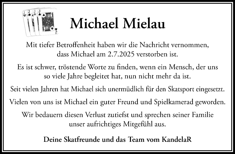  Traueranzeige für Michael Jürgen Mielau vom 19.07.2025 aus MARKT Bad Oldesloe/Reinfeld und Stormarner Tageblatt