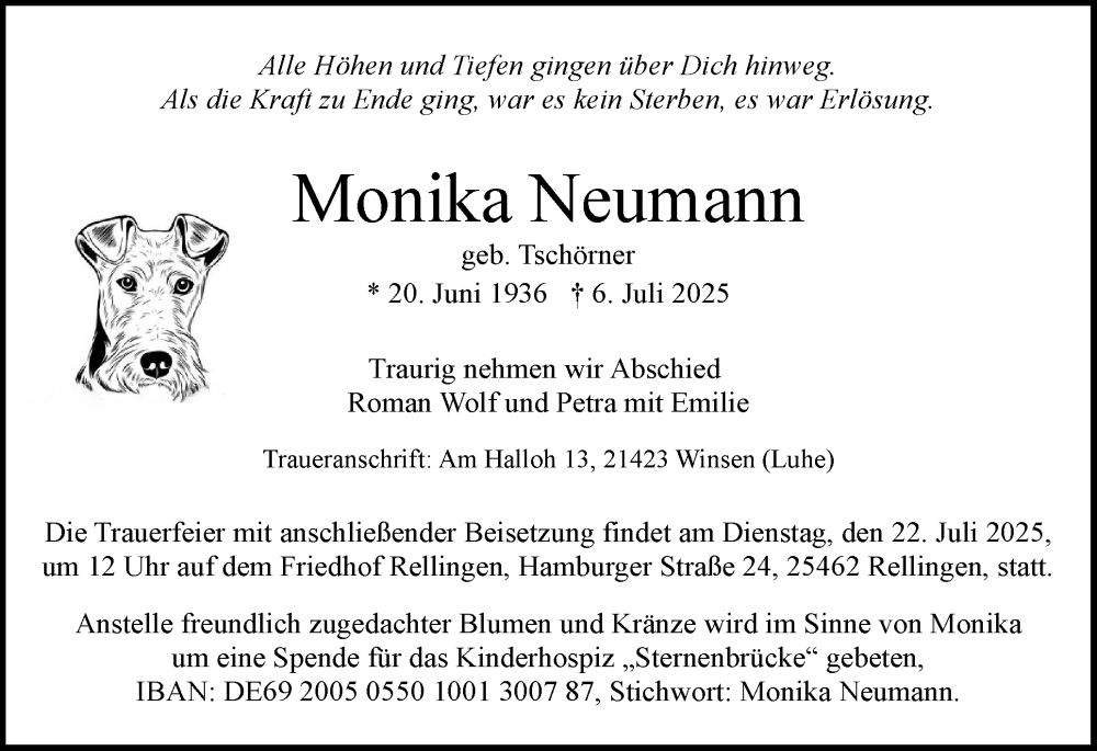  Traueranzeige für Monika Neumann vom 12.07.2025 aus Region Pinneberg und tip Pinneberg
