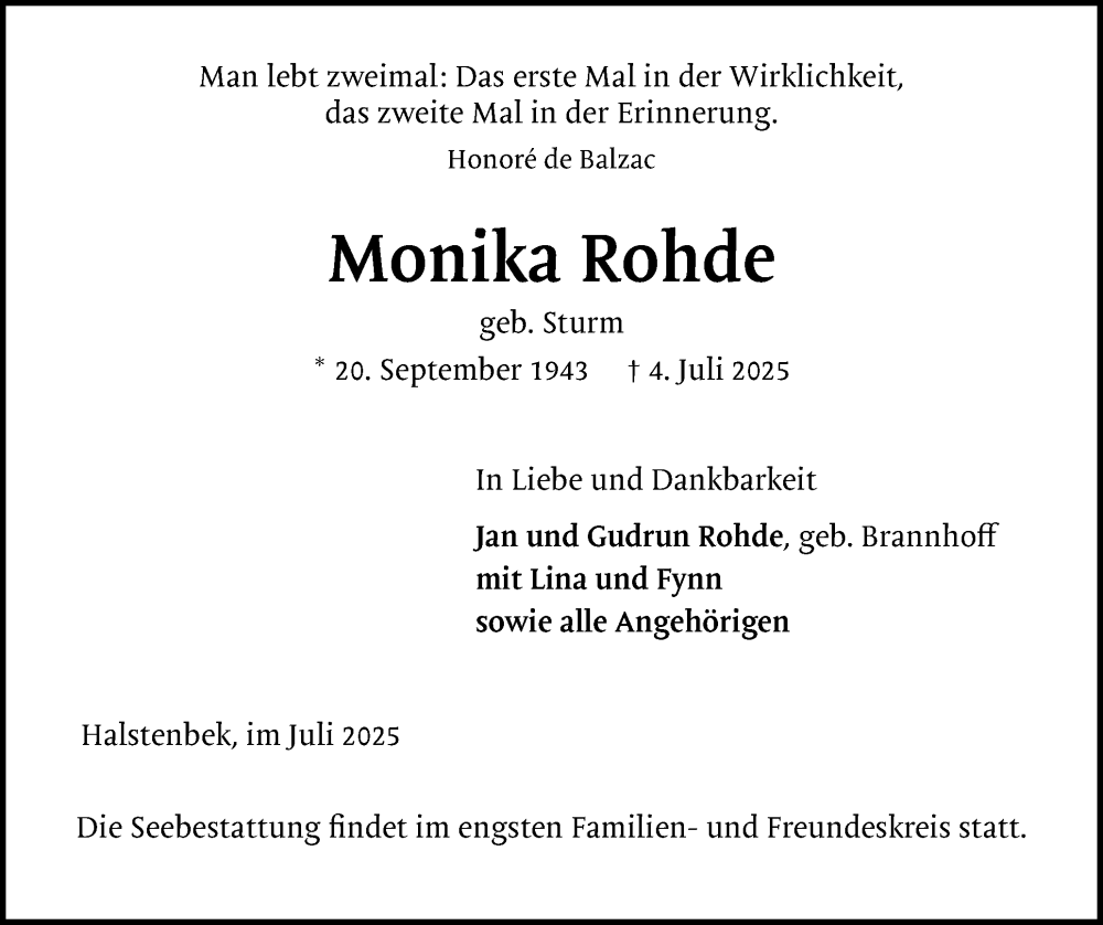  Traueranzeige für Monika Rohde vom 12.07.2025 aus Region Pinneberg und tip Pinneberg