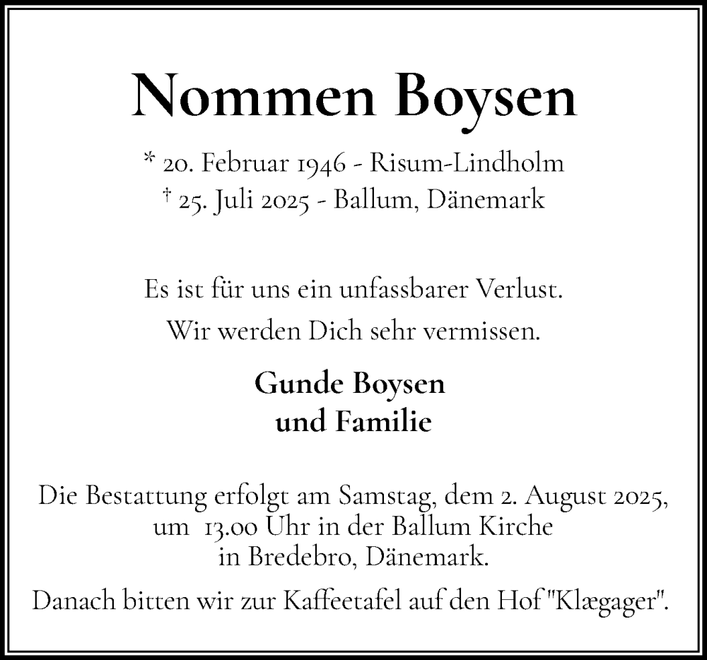  Traueranzeige für Nommen Boysen vom 31.07.2025 aus Husumer Nachrichten, Nordfriesland Tageblatt