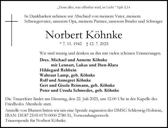 Traueranzeige von Norbert Köhnke von Schleswig-Holsteinische Landeszeitung