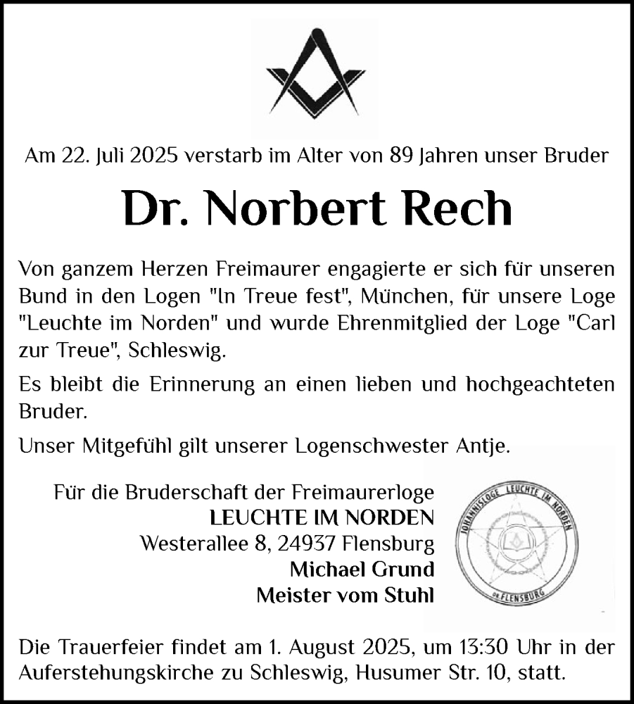  Traueranzeige für Norbert Rech vom 29.07.2025 aus Flensburger Tageblatt