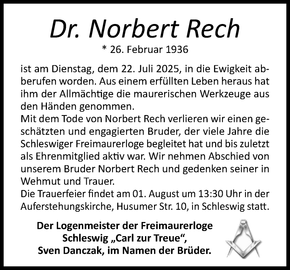  Traueranzeige für Norbert Rech vom 30.07.2025 aus Schleswiger Nachrichten, Schlei-Bote