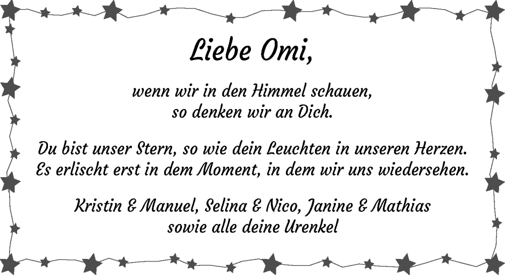  Traueranzeige für Omi  vom 19.07.2025 aus MARKT Ratzeburg/Mölln