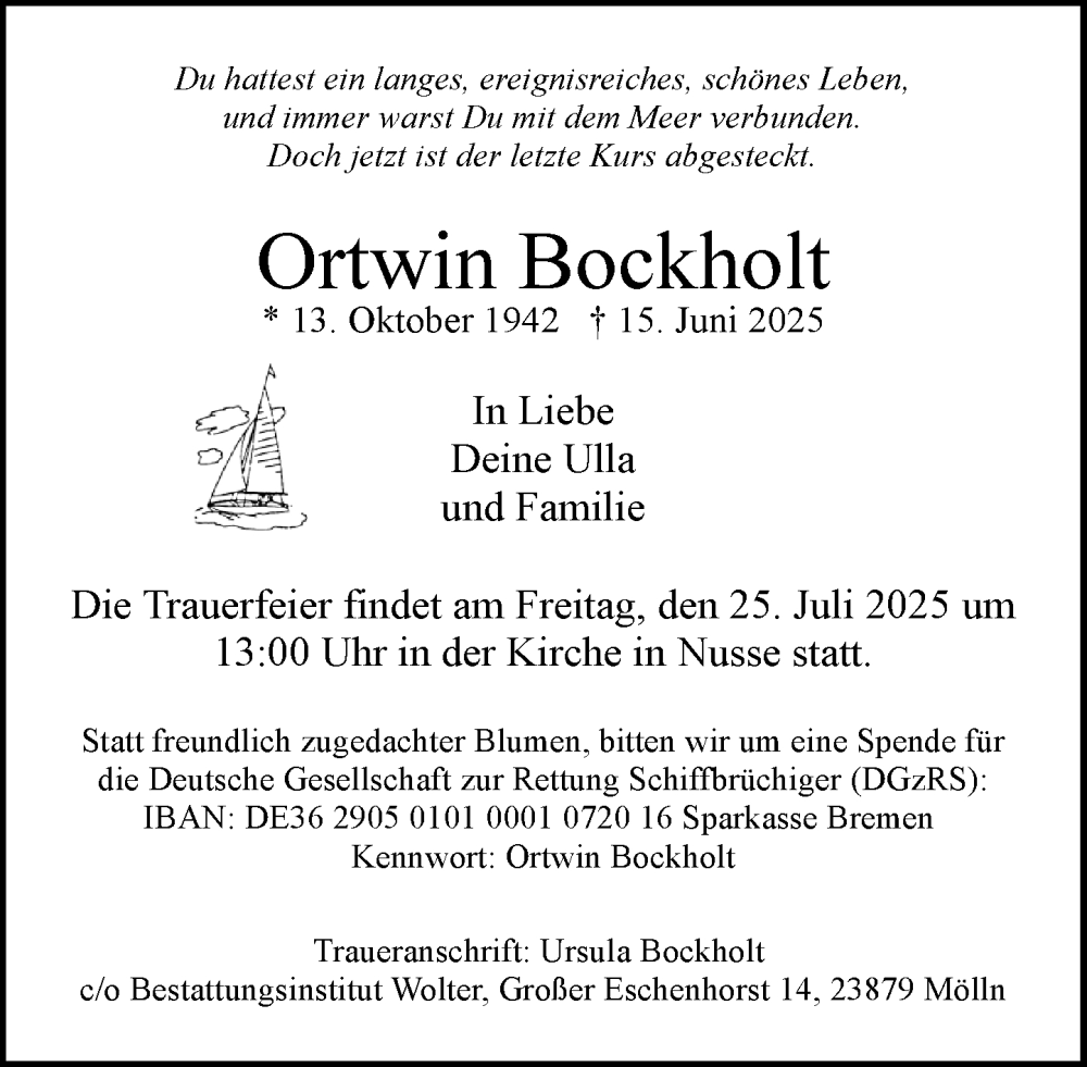  Traueranzeige für Ortwin Bockholt vom 12.07.2025 aus MARKT Ratzeburg/Mölln