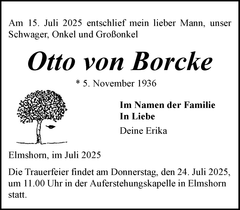  Traueranzeige für Otto von Borcke vom 19.07.2025 aus Elmshorner Nachrichten, Barmstedter Zeitung