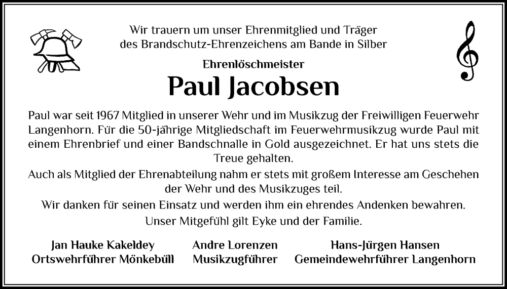  Traueranzeige für Paul Jacobsen vom 11.07.2025 aus Husumer Nachrichten, Nordfriesland Tageblatt