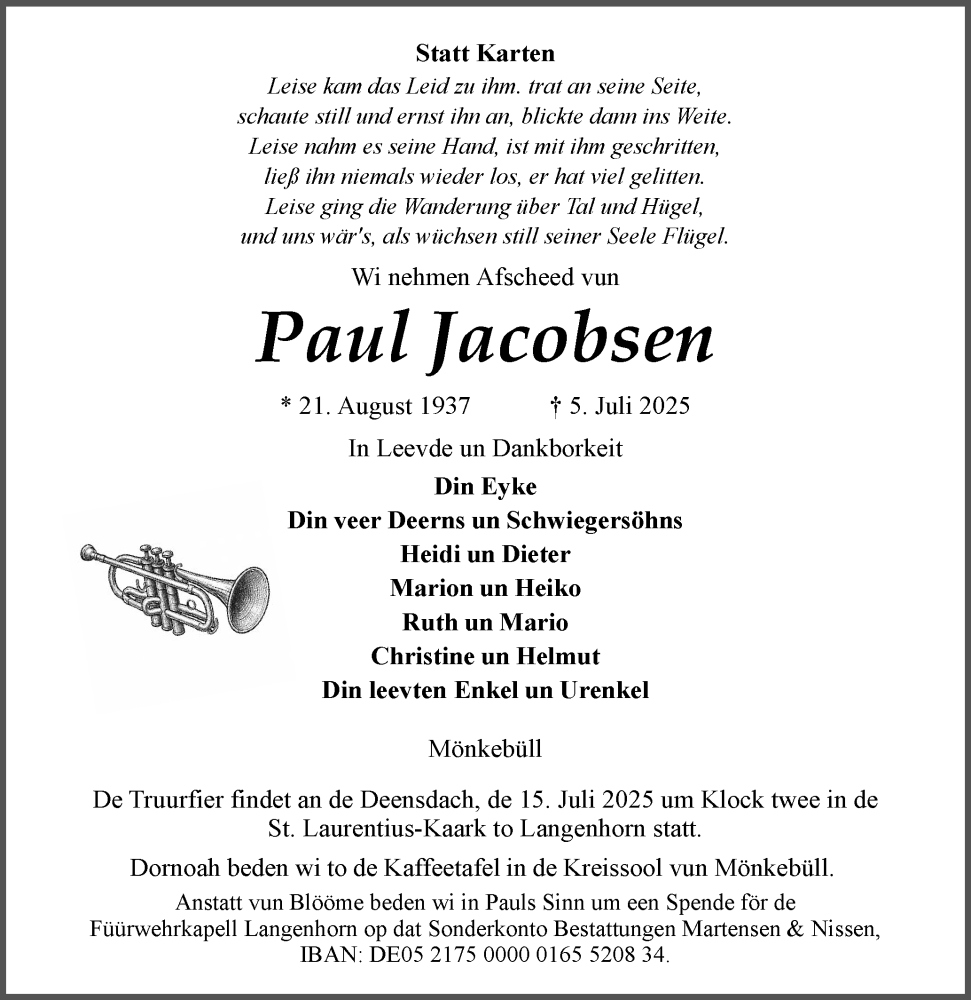  Traueranzeige für Paul Jacobsen vom 09.07.2025 aus Husumer Nachrichten, Nordfriesland Tageblatt