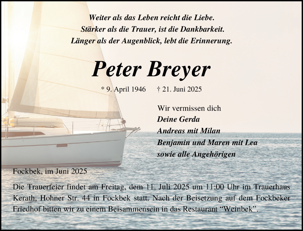  Traueranzeige für Peter Breyer vom 05.07.2025 aus Schleswig-Holsteinische Landeszeitung