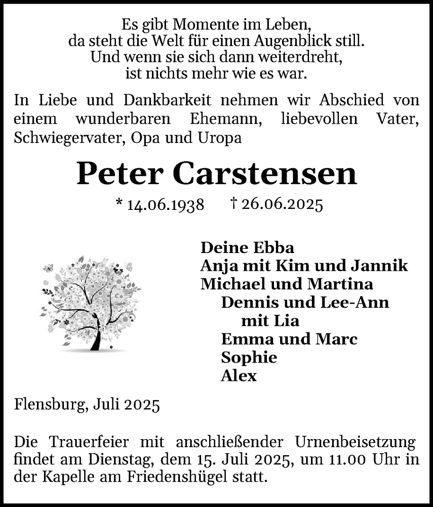  Traueranzeige für Peter Carstensen vom 05.07.2025 aus Flensburger Tageblatt