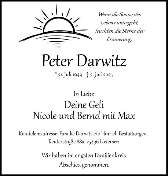 Traueranzeige von Peter Darwitz von Uetersener Nachrichten, Der tip am Wochenende
