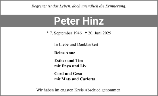 Traueranzeige von Peter Hinz von Flensburger Tageblatt