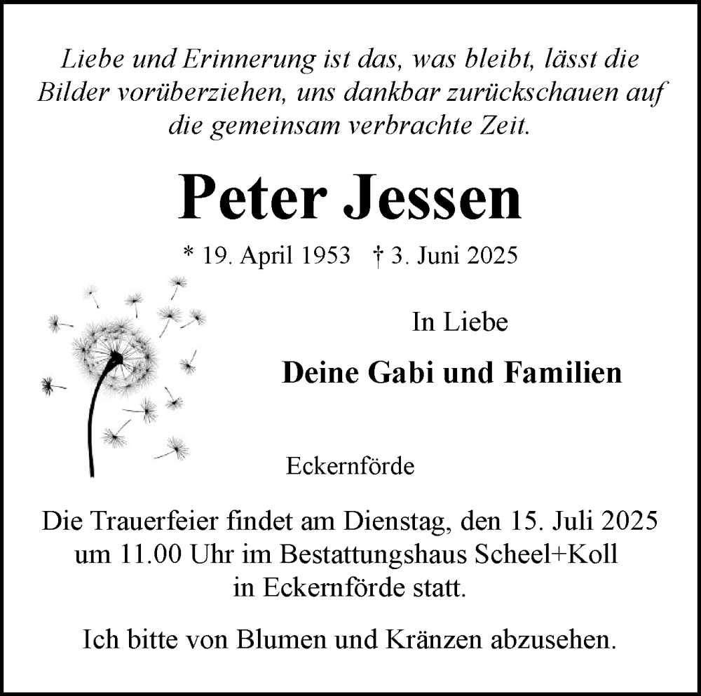 Traueranzeige für Peter Jessen vom 12.07.2025 aus Eckernförder Zeitung, Hallo Eckernförde