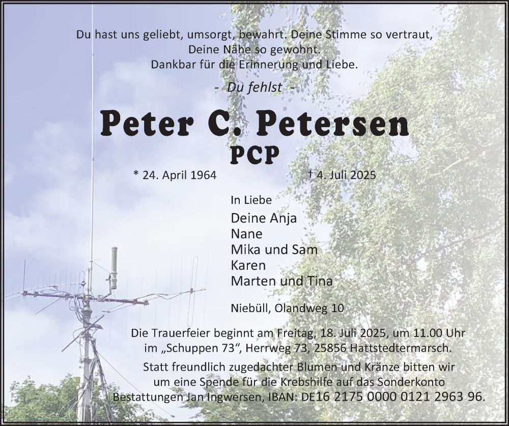  Traueranzeige für Peter Petersen vom 11.07.2025 aus Husumer Nachrichten, Nordfriesland Tageblatt