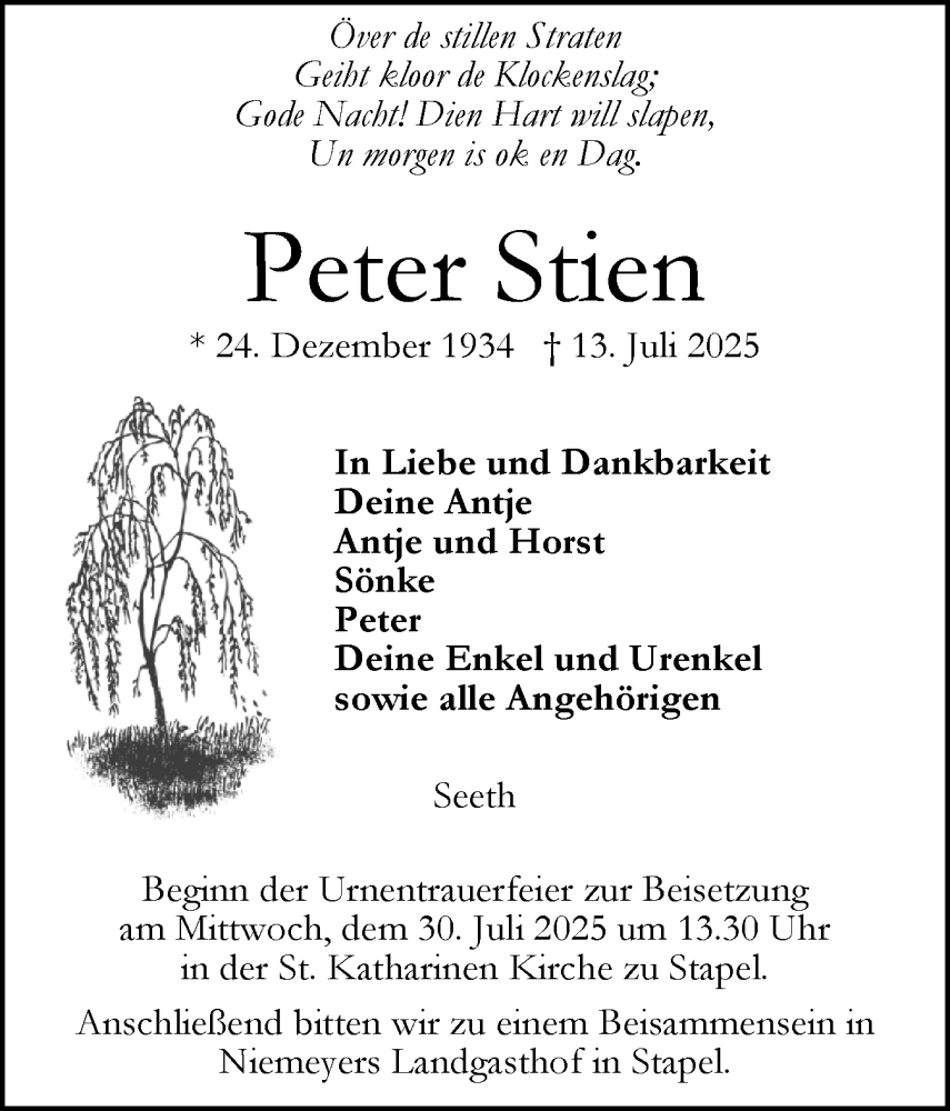  Traueranzeige für Peter Stien vom 23.07.2025 aus Husumer Nachrichten, Nordfriesland Tageblatt