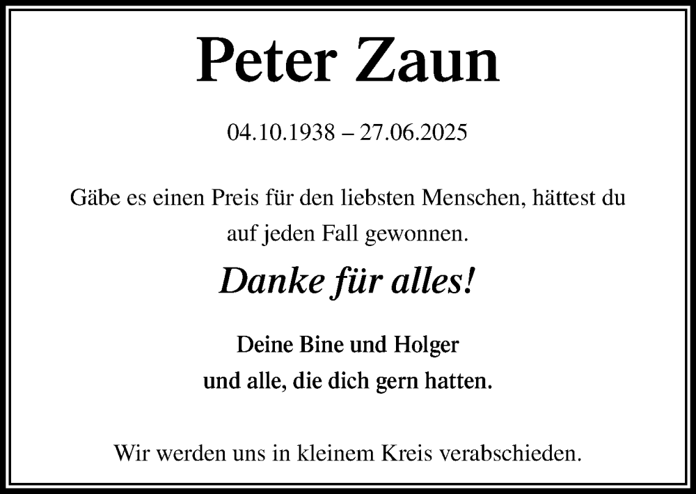 Traueranzeige für Peter Zaun vom 12.07.2025 aus Heimatspiegel