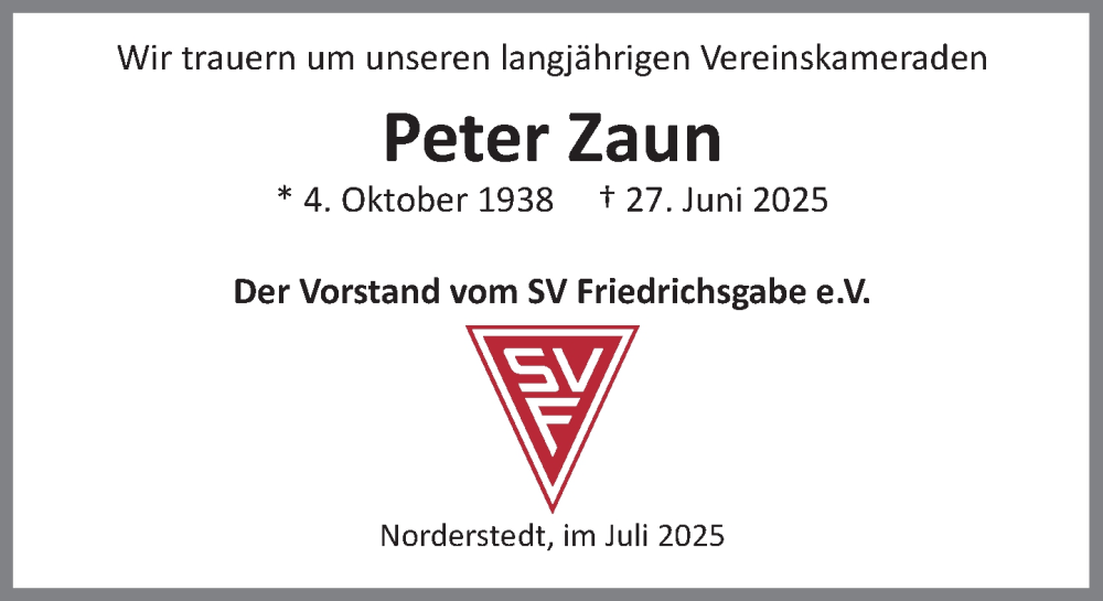  Traueranzeige für Peter Zaun vom 12.07.2025 aus Heimatspiegel