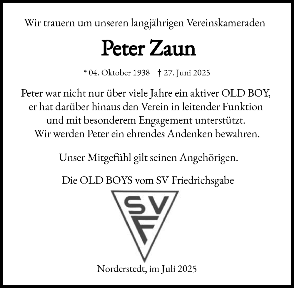  Traueranzeige für Peter Zaun vom 12.07.2025 aus Heimatspiegel