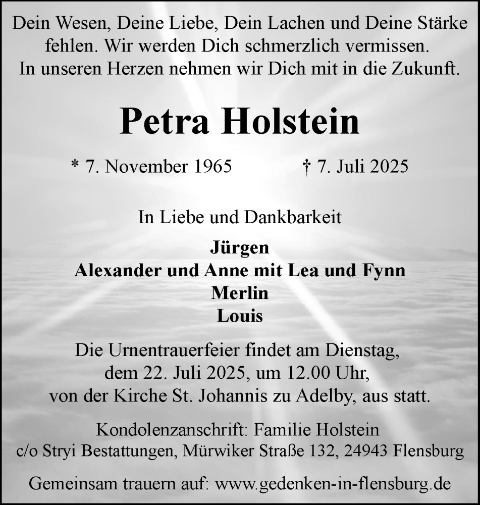  Traueranzeige für Petra Holstein vom 19.07.2025 aus Flensburger Tageblatt