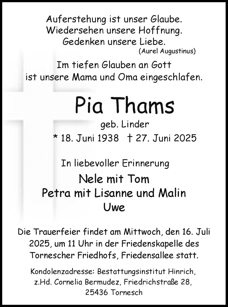  Traueranzeige für Pia Thams vom 05.07.2025 aus Uetersener Nachrichten, Der tip am Wochenende