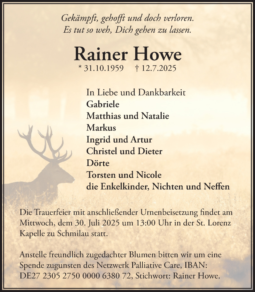  Traueranzeige für Rainer Howe vom 19.07.2025 aus MARKT Ratzeburg/Mölln