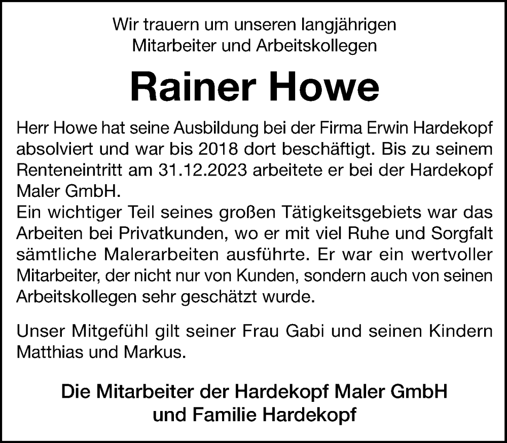  Traueranzeige für Rainer Howe vom 26.07.2025 aus MARKT Ratzeburg/Mölln