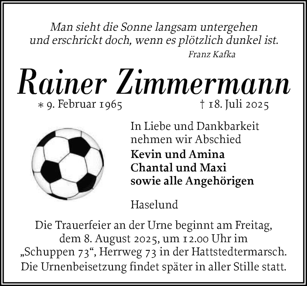  Traueranzeige für Rainer Zimmermann vom 25.07.2025 aus Husumer Nachrichten, Nordfriesland Tageblatt