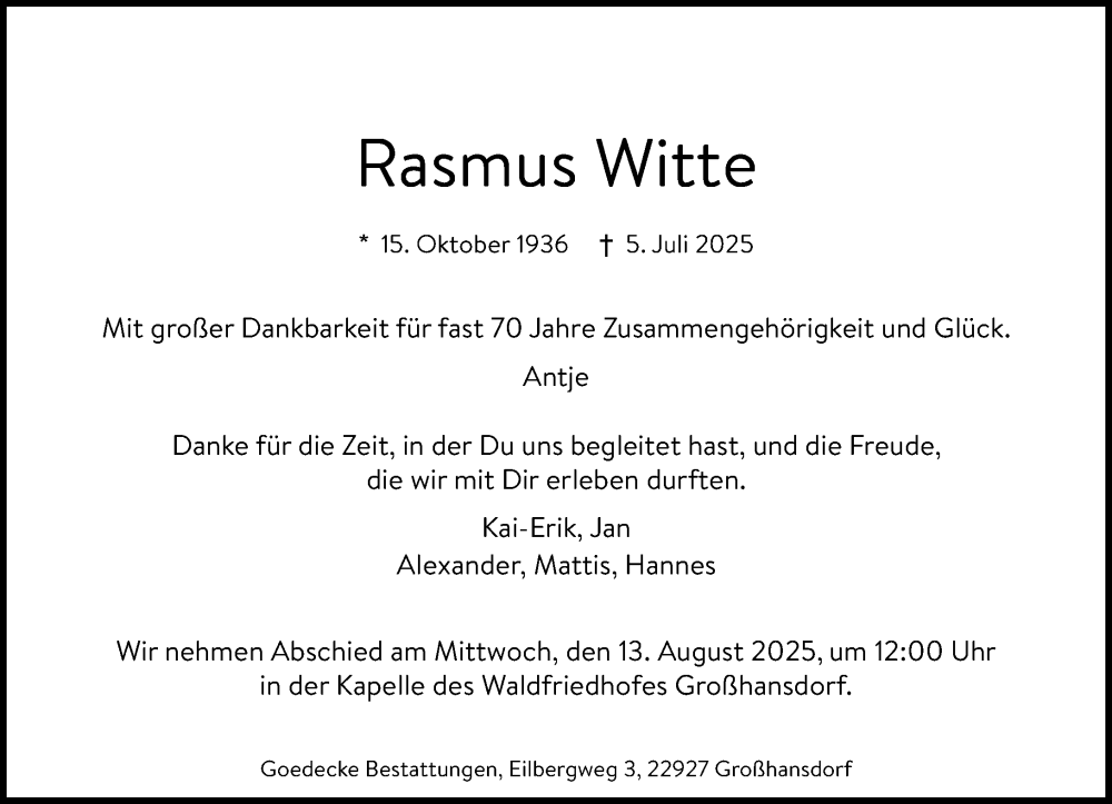  Traueranzeige für Rasmus Witte vom 19.07.2025 aus MARKT Ahrensburg/Bargteheide/Trittau und Stormarner Tageblatt