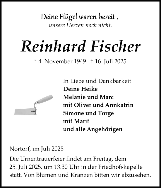 Traueranzeige von Reinhard Fischer von Schleswig-Holsteinische Landeszeitung