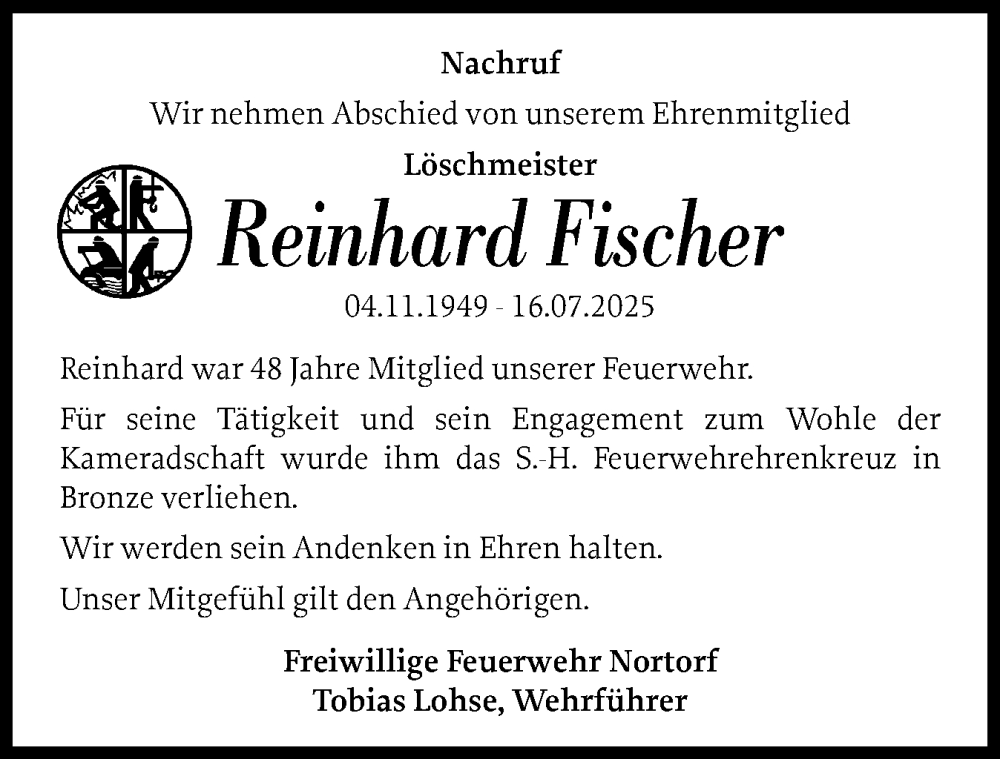  Traueranzeige für Reinhard Fischer vom 22.07.2025 aus Schleswig-Holsteinische Landeszeitung