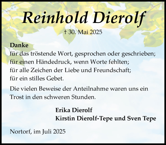 Traueranzeige von Reinhold Dierolf von Schleswig-Holsteinische Landeszeitung