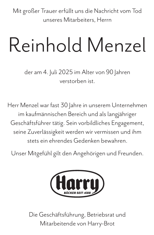 Traueranzeige für Reinhold Menzel vom 19.07.2025 aus Region Pinneberg und tip Pinneberg