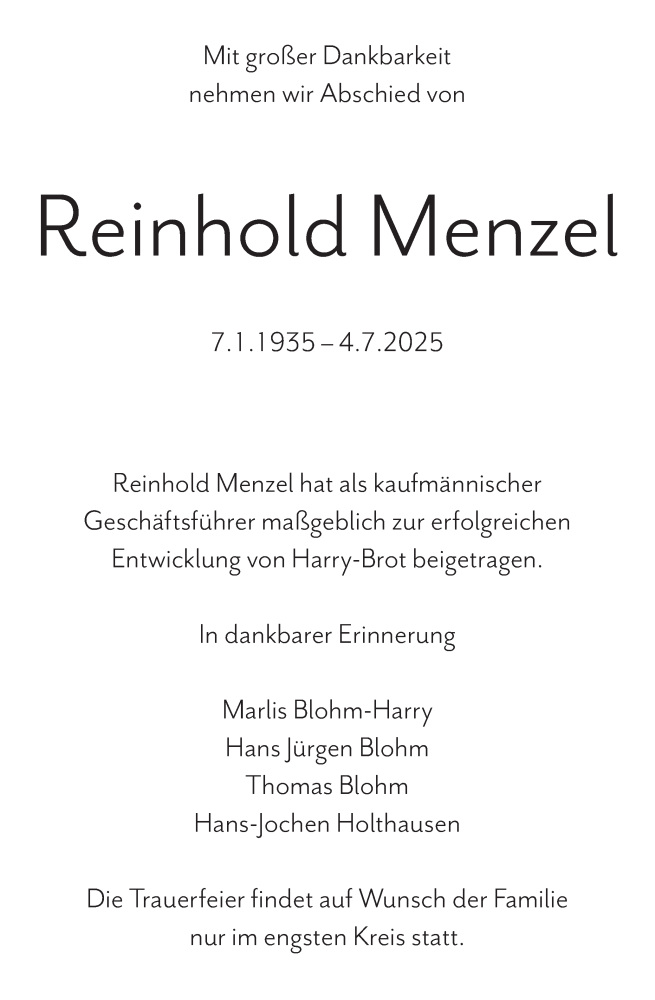  Traueranzeige für Reinhold Menzel vom 19.07.2025 aus Region Pinneberg und tip Pinneberg