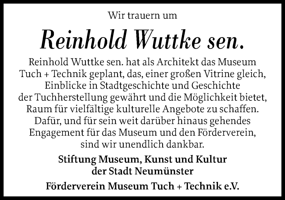  Traueranzeige für Reinhold Wuttke vom 26.07.2025 aus Holsteinischer Courier