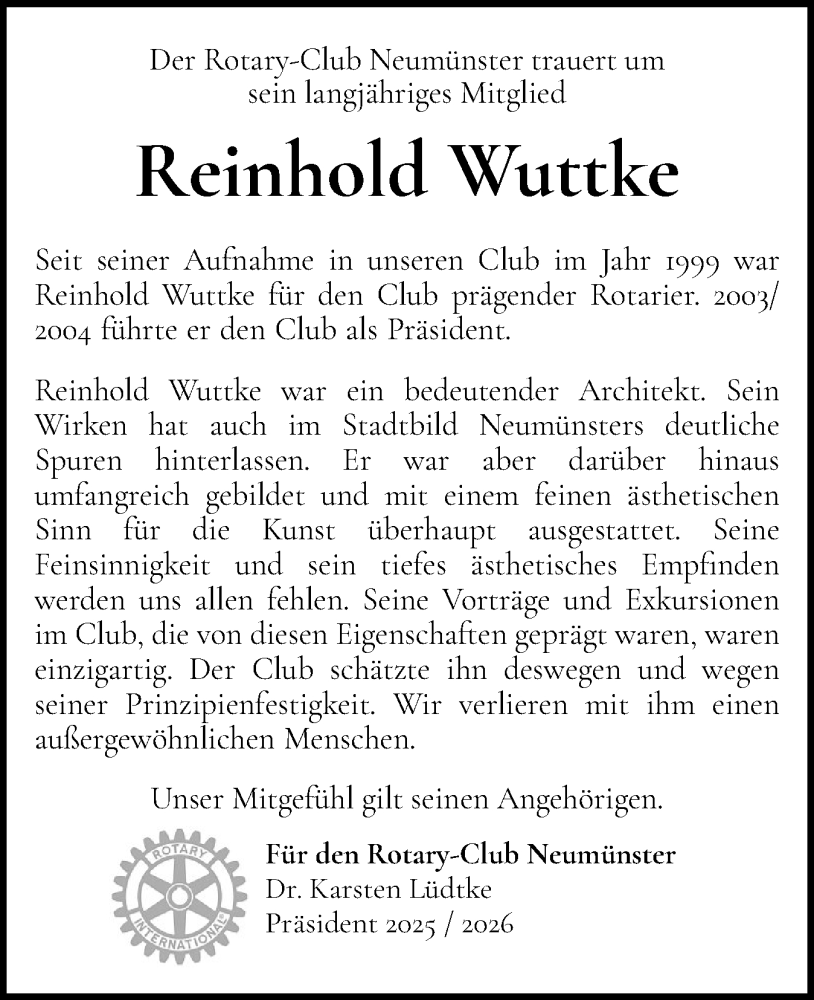  Traueranzeige für Reinhold Wuttke vom 19.07.2025 aus Holsteinischer Courier