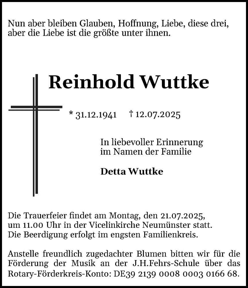  Traueranzeige für Reinhold Wuttke vom 16.07.2025 aus Holsteinischer Courier