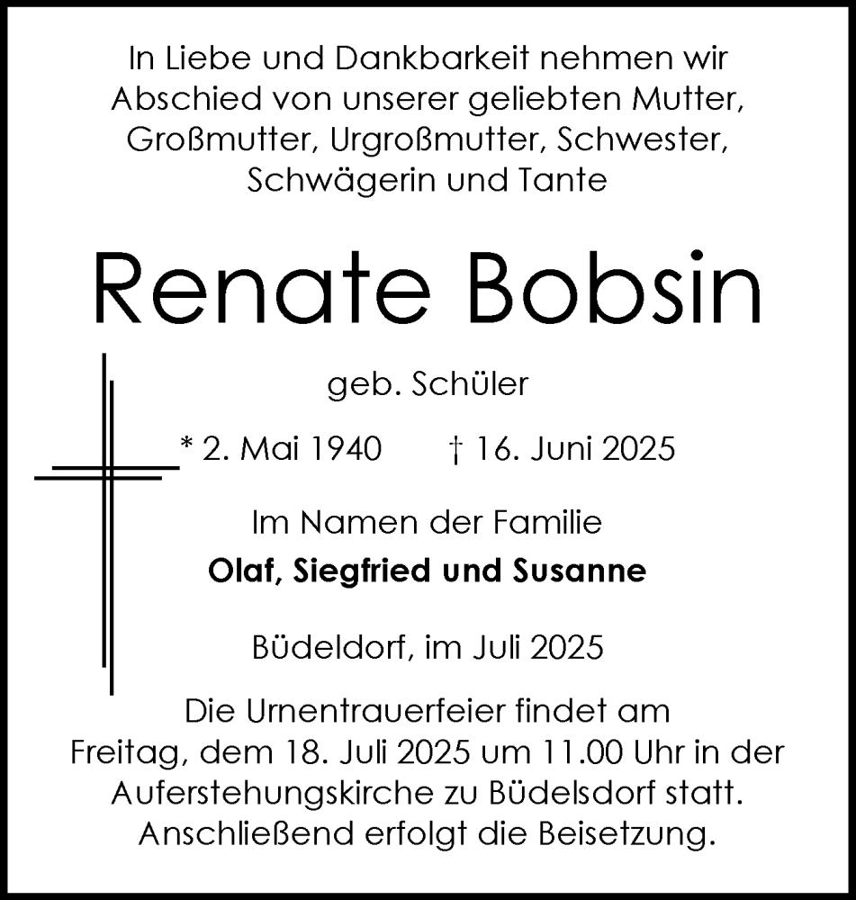  Traueranzeige für Renate Bobsin vom 12.07.2025 aus Schleswig-Holsteinische Landeszeitung