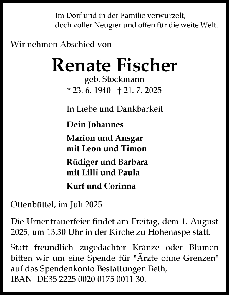  Traueranzeige für Renate Fischer vom 26.07.2025 aus Norddeutsche Rundschau, Wilstersche Zeitung, Glückstädter Fortuna