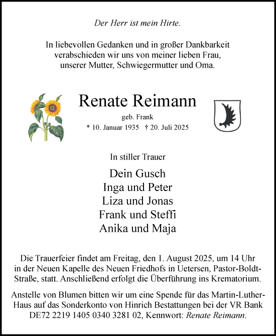 Traueranzeige von Renate Reimann von Uetersener Nachrichten, Der tip am Wochenende